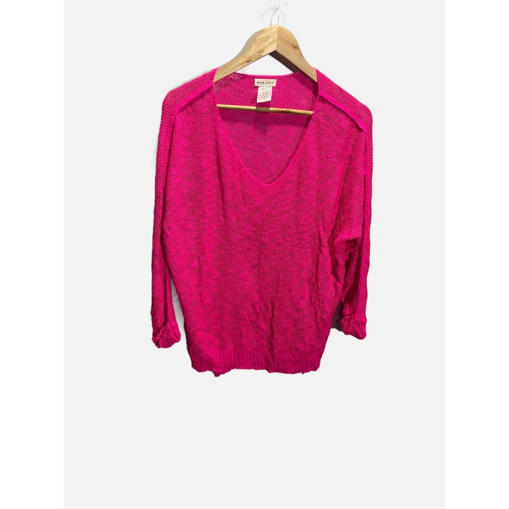 Main Strip‎ V-Neck Sweater Womens L/G Pink Open Knit Slouchy Casual LT31228